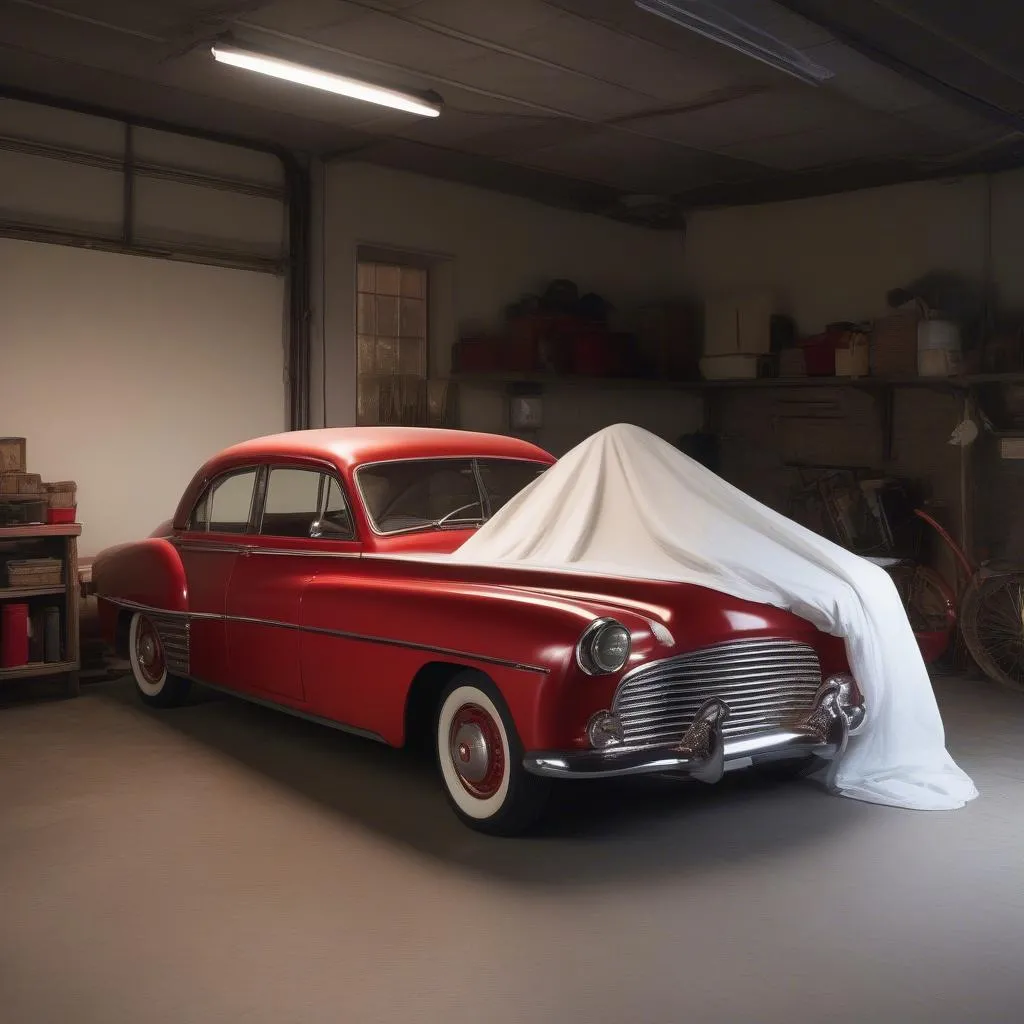 red vintage car in a garage